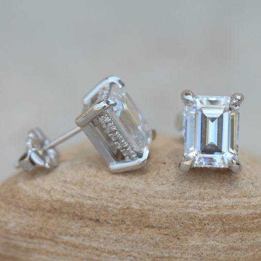 Emerald Cut Moissanite Earrings with Diamonds 18k White Gold LS5620