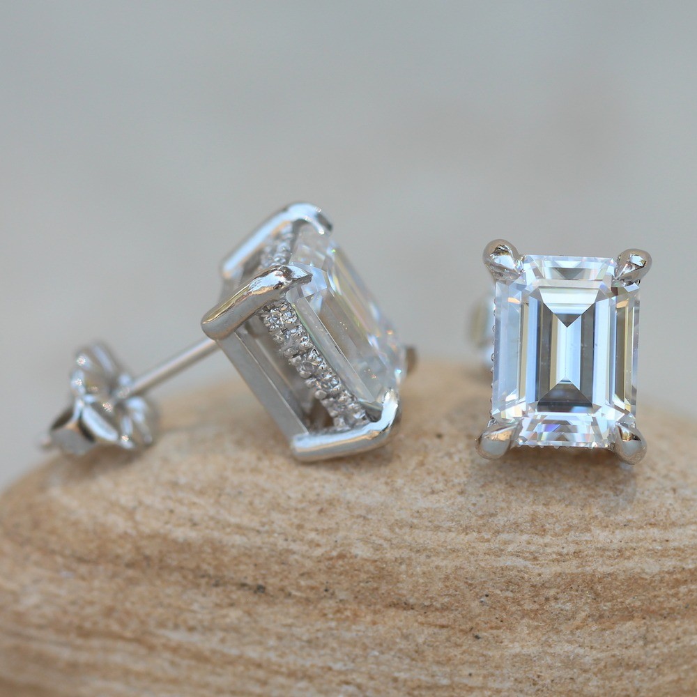 Moissanite Stud Earrings with 8x6mm Emerald Cut Moissanite LS5620 • Laurie Sarah