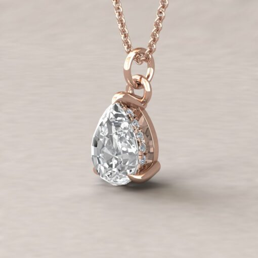 Beverly 10x7mm pear moissanite diamond halo pendant 14k rose gold ls5623