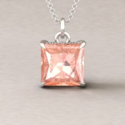 Beverly 10mm princess morganite diamond halo pendant 14k white gold ls5737