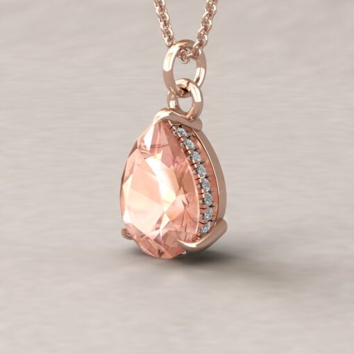 Beverly 12x9mm pear morganite diamond halo pendant 14k rose gold ls5736