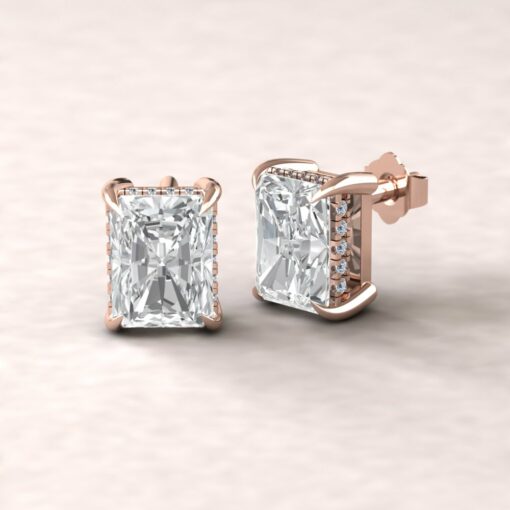 beverly 8x6mm radiant moissanite diamond halo earrings 14k rose gold ls5630