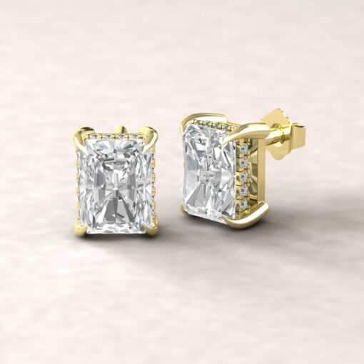 beverly 8x6mm radiant moissanite diamond halo earrings 14k yellow gold ls5630