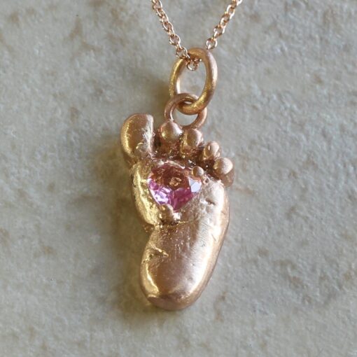 gift baby foot pendant 4mm heart shaped pink tourmaline october birthstone 14k rose gold LS4852