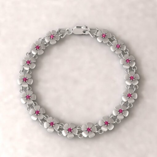 gift daisy charm birthstone bracelet ruby 14k white gold LS4571