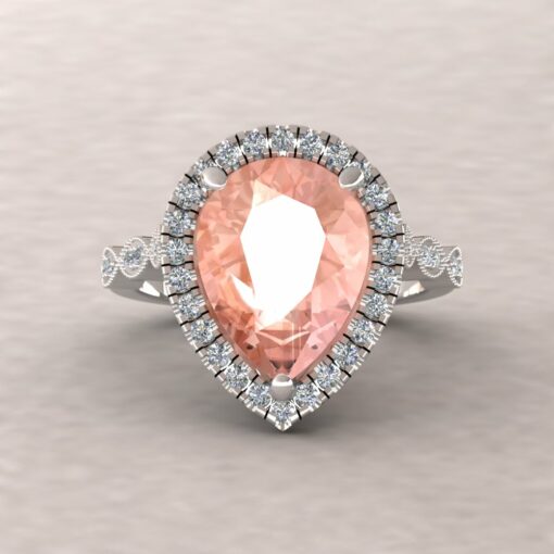 eloise 12x9mm pear morganite diamond halo half eternity vintage engagement ring 14k white gold ls5640
