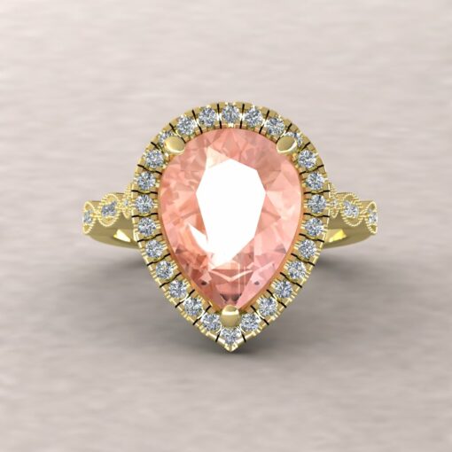 eloise 12x9mm pear morganite diamond halo half eternity vintage engagement ring 14k yellow gold ls5640