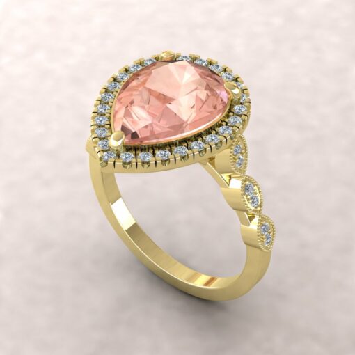 eloise 12x9mm pear morganite diamond halo half eternity vintage engagement ring 14k yellow gold ls5640