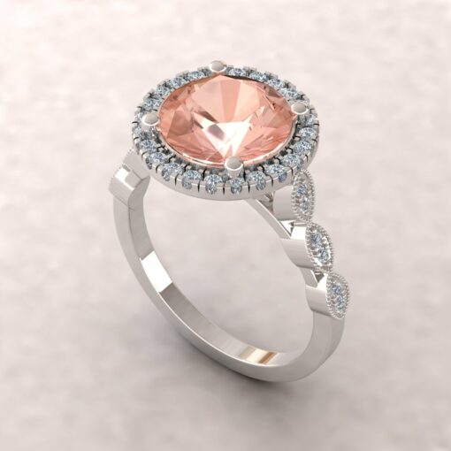 eloise 9mm round morganite diamond halo half eternity vintage engagement ring 14k white gold ls5646