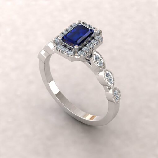 eloise blue sapphire 6x4mm emerald cut diamond half eternity 14k-white gold ls5651