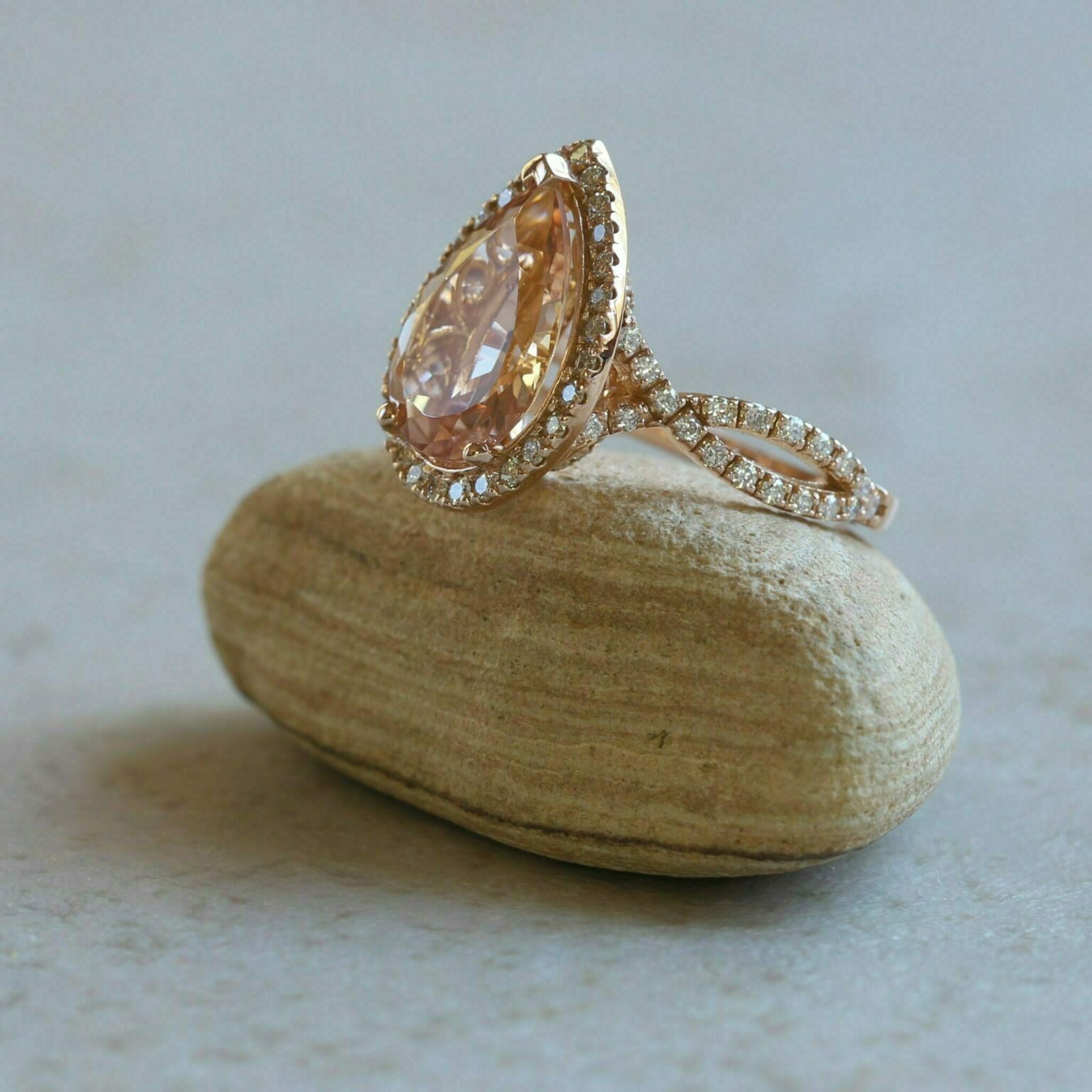 Pear Cut Morganite and Diamond Ring with golden filigree and diamond ...