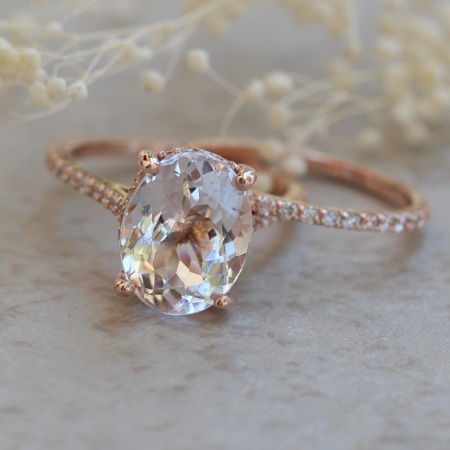 4 carat oval light peach morganite engagement ring bridal set with full ...