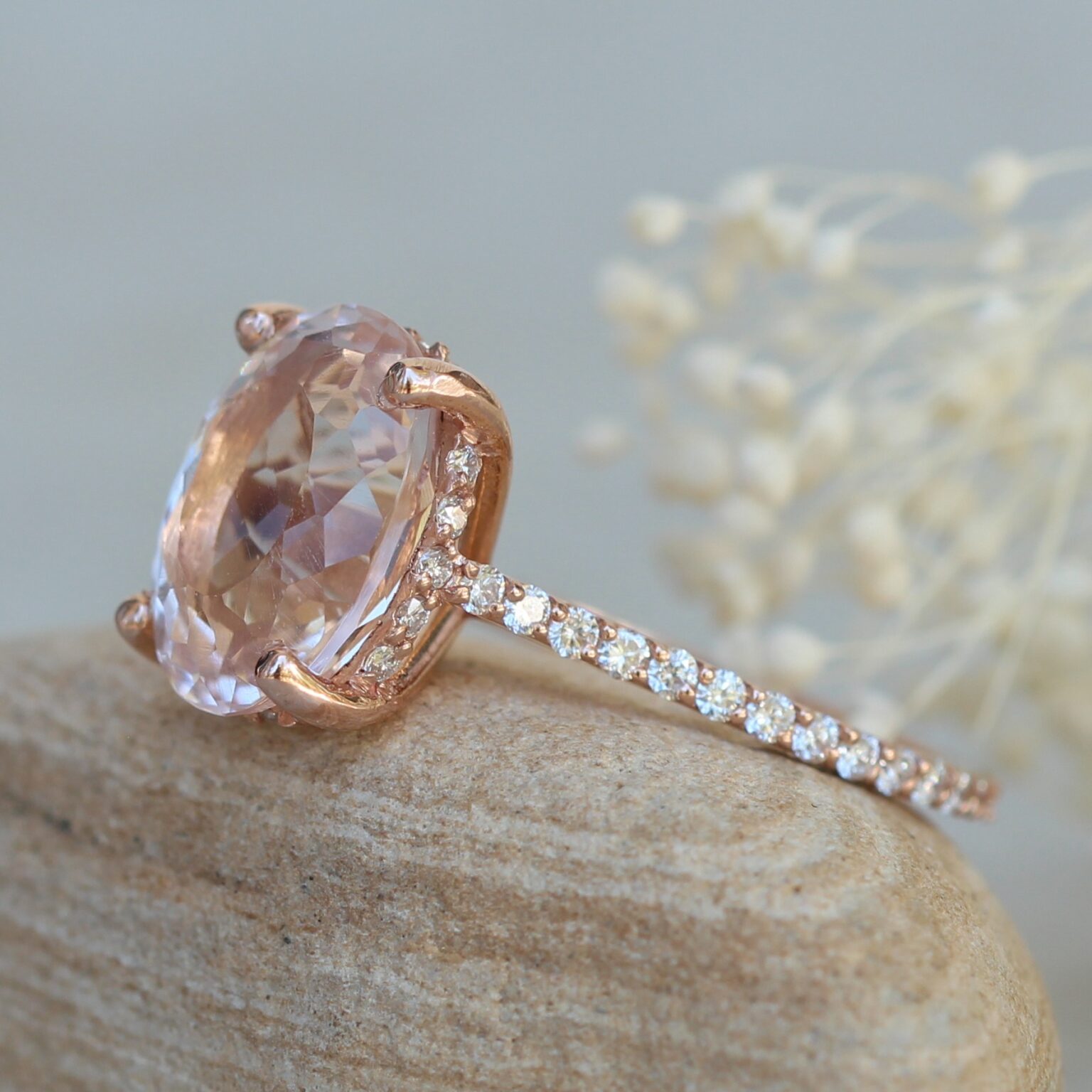 Light Peach Morganite Engagement Ring with a 12x9mm Oval Cut Morganite ...