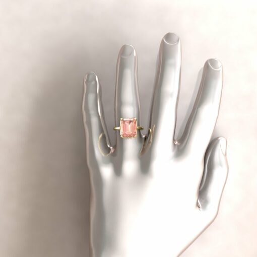 5 carat morganite ring emerald cut hand shot in 14k yellow gold LS6099