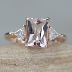 Dainty Morganite Ring with Trillion Diamonds 14k Rose Gold LS6215