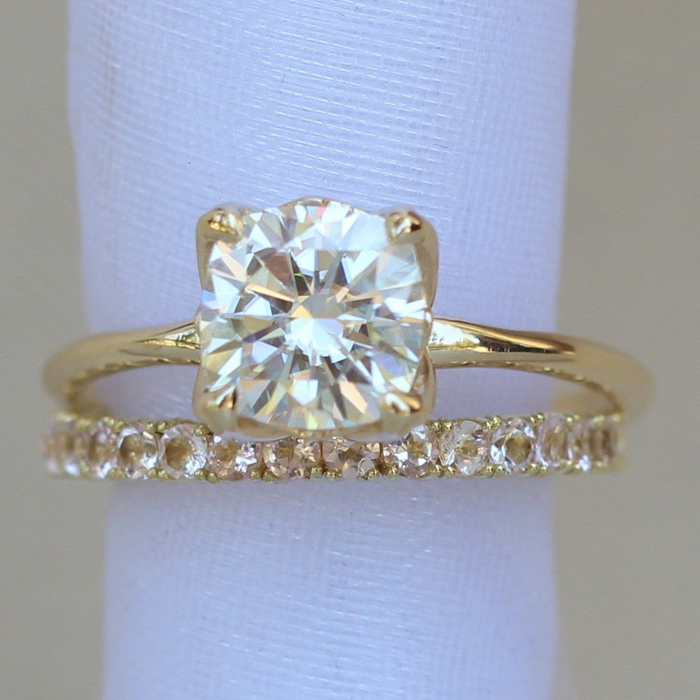 8mm Cushion Cut Moissanite Ring with Morganite Band LS6199 LS6224