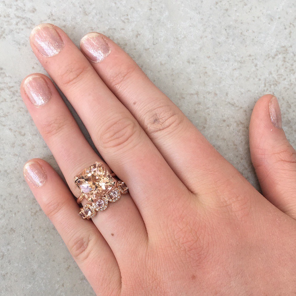 Cushion Morganite Bridal Set 14k Rose Gold Hand Shot LS5867 LS5106