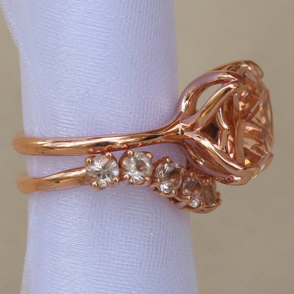 Dainty Morganite Ring and Wedding Band 14k Rose Gold LS5867 LS6081