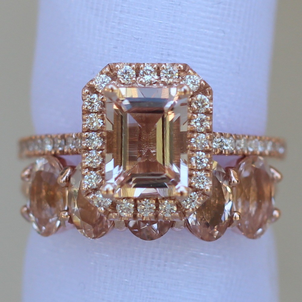 Emerald Morganite Wedding Set Diamond Halo Rose Gold LS5881 LS6248