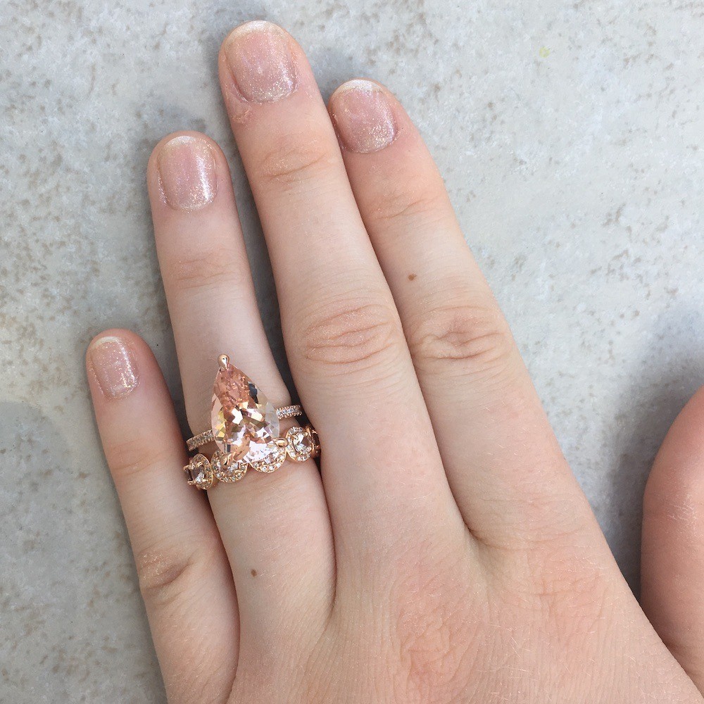Pear Morganite Bridal Set Matching Band Hand Shot LS5725 LS5106