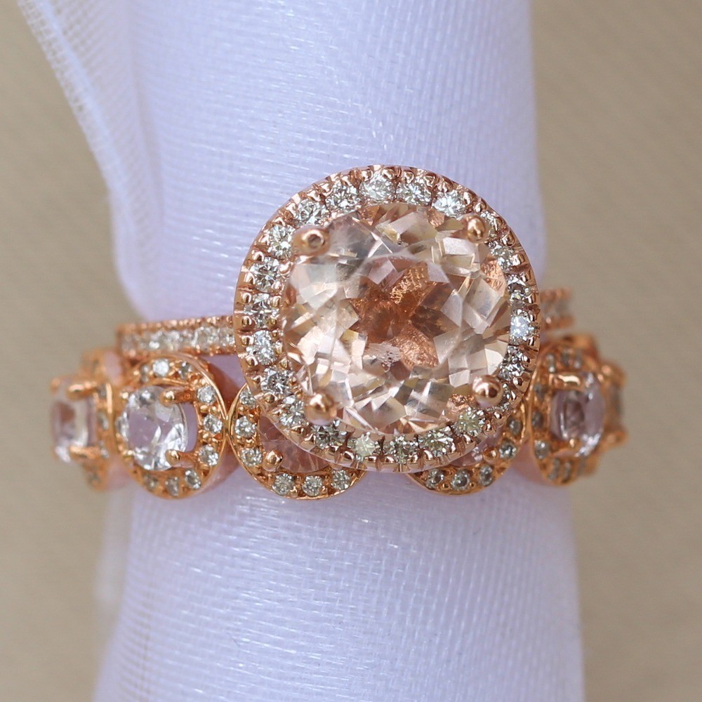 Round Morganite Cathedral Ring Matching Wedding Band LS6257 LS5106