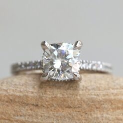 7mm Cushion Moissanite Ring with White Diamonds 14k White Gold LS5472
