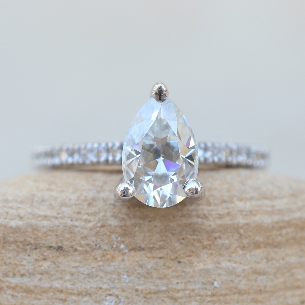 Pear Moissanite Engagement Ring with Diamond Shank and Side Halo ...