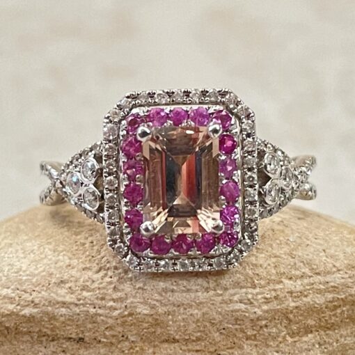 Emerald Cut Morganite and Pink Sapphire Ring in 14k White Gold LS643