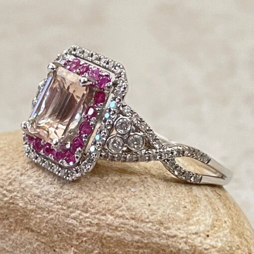 Morganite Ring with Diamonds and Pink Sapphires 14k White Gold LS643