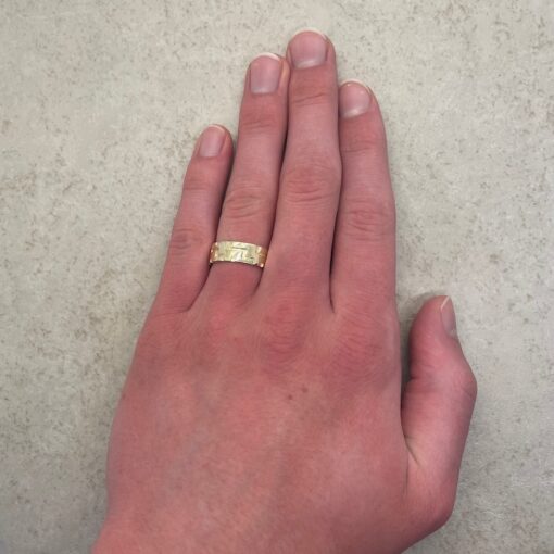 Engraved Man's Wedding Ring Two Tone Hand Shot 14k Yellow Gold LS5100