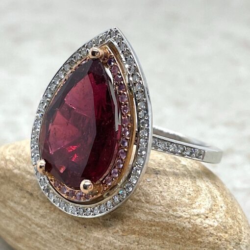 Pear Cut Tourmaline Ring Double Halo in 14k White and Rose Gold LS1342