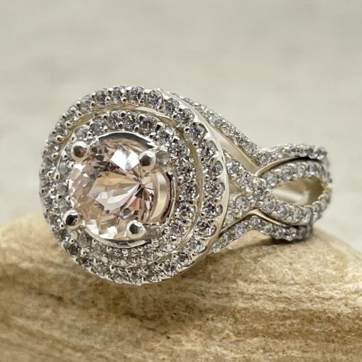 Morganite Wedding Set Round with CZ Double Halo Sterling Silver LS4471