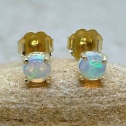Opal Earrings Round Cabochon Cut October Gift 14k Yellow Gold LS6441