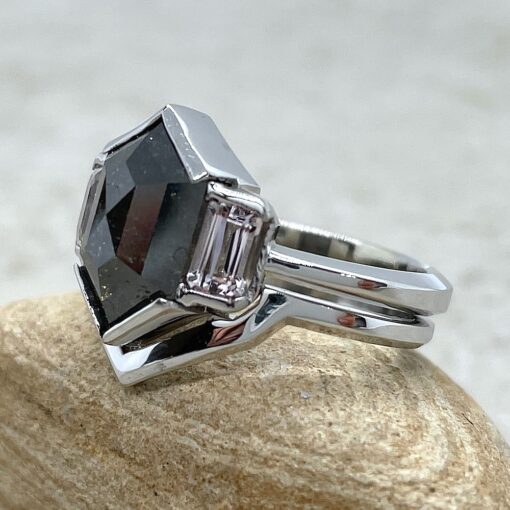 Three Stone Galaxy Diamond Ring Hexagon Cut 14k White Gold LS6514