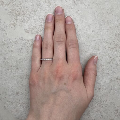 White Diamond Wedding Ring Thin Band Hand Shot 14k White Gold LS800