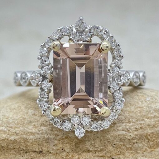 Emerald Morganite Halo Ring with White Diamonds 14k White Gold LS6600