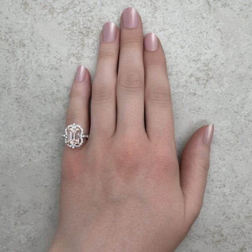 Single Halo Emerald Morganite Ring Hand Shot in 14k White Gold LS6600
