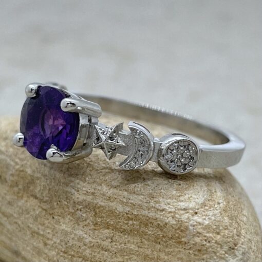 Space Themed Amethyst Ring with Diamonds in 18k White Gold LS5890