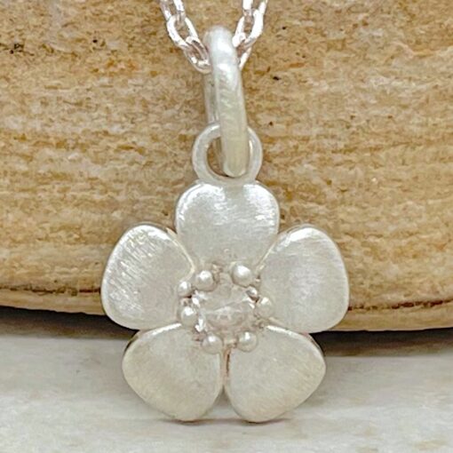 White Sapphire Flower Pendant April Birthstone 14k White Gold LS4573