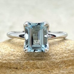 Emerald Aquamarine Engagement Ring Solitaire in 14k White Gold LS6691