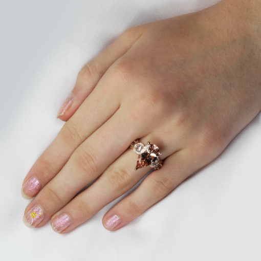 Morganite Halo Band Ring Pear Cut Hand Shot in 18k Rose Gold LS6747