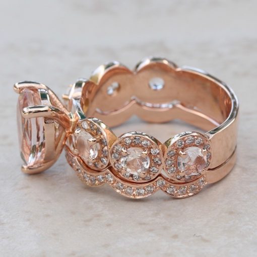 Morganite Halo Bridal Set Peachy Pink Pear Cut 18k Rose Gold LS6746
