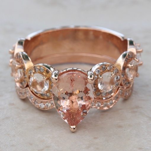 Pear Morganite Bridal Set with Halo Shank in 14k Rose Gold LS6746