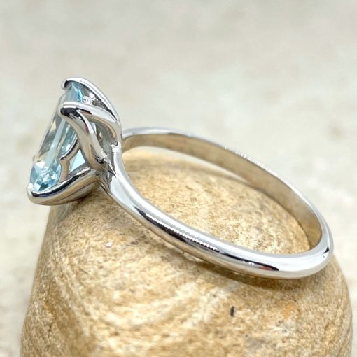 Petal Prong Aquamarine Ring Emerald Cut in Platinum LS6691