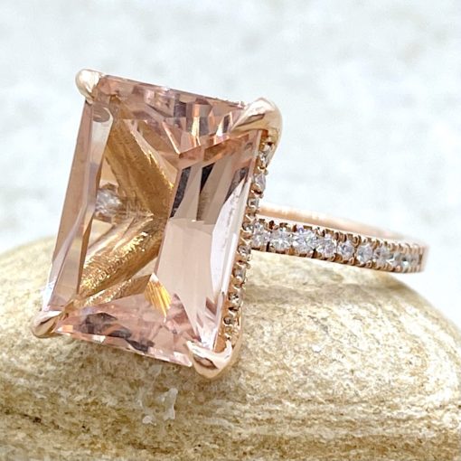 Radiant Cut Morganite Ring with Diamond Side Halo 14k Rose Gold LS5723