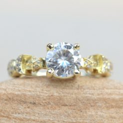 Round Cut Moissanite Ring Sun Moon and Stars in 14k Yellow Gold LS5893