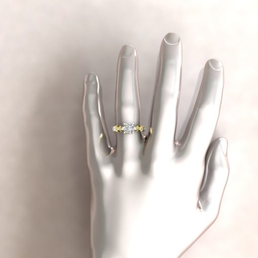 Round Moissanite Engagement Ring Hand Shot in 18k Yellow Gold LS5893