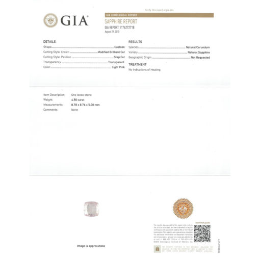 Light Pink Sapphire Cushion Cut Unheated 4.5 Ct GIA Certificate LSG372