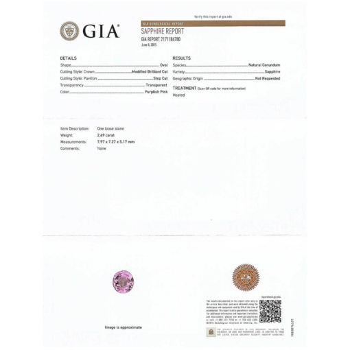 Pink Sapphire Oval Cut 2.69 Carats with GIA Certificate LSG456