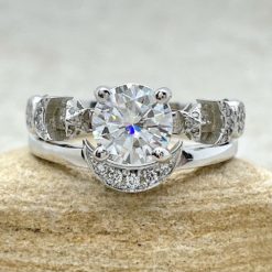 Round Moissanite Engagement Set with Moon Band 14k White Gold LS6753